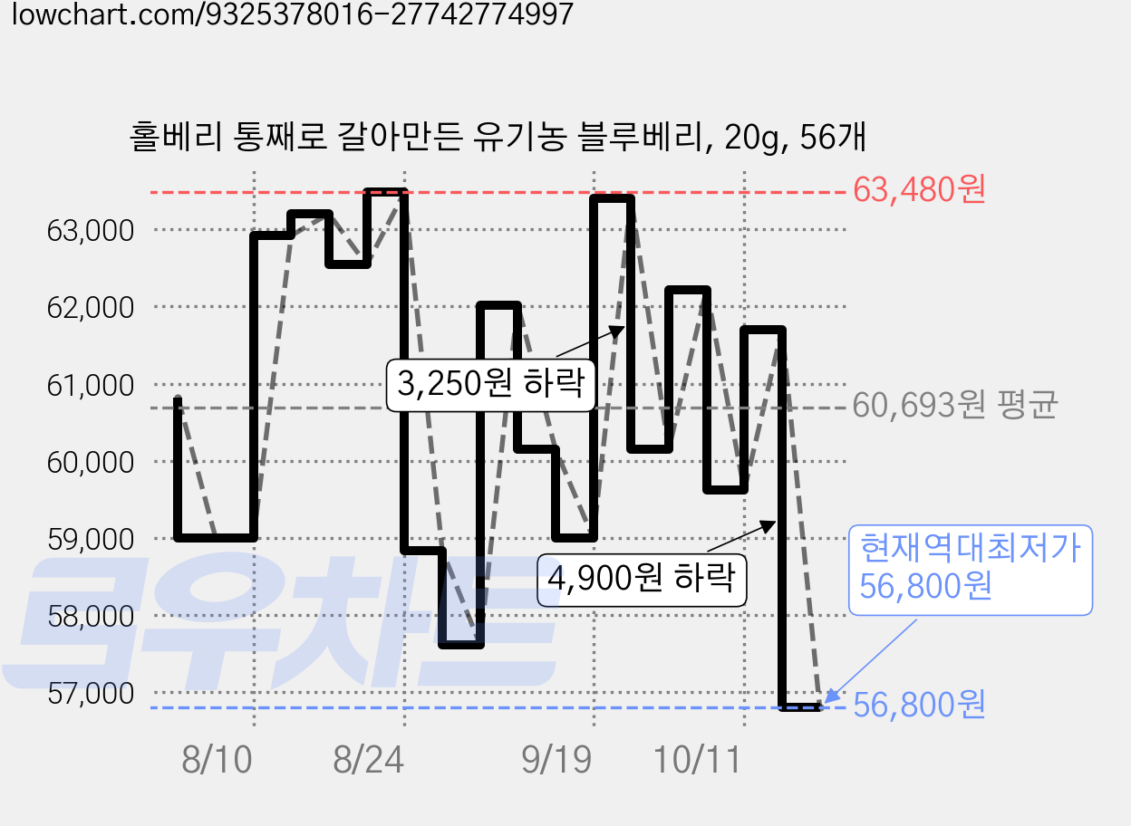 홀베리 통째로 갈아만든 유기농 블루베리, 20g, 56개 가격 변동 차트, 현재가 56,800원, 역대최저가