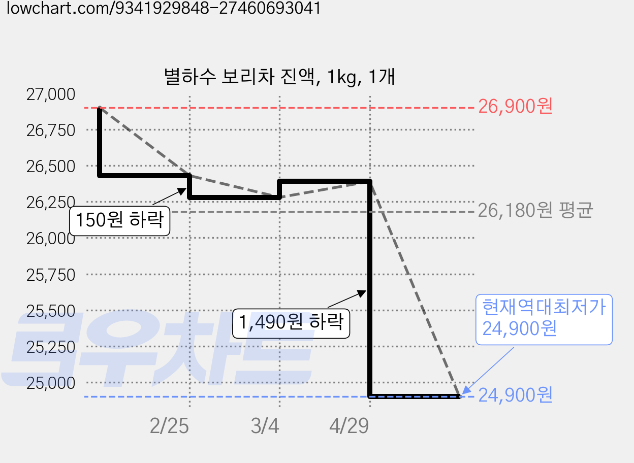 별하수 보리차 진액, 1kg, 1개 가격 변동 차트, 현재가 24,900원, 역대최저가