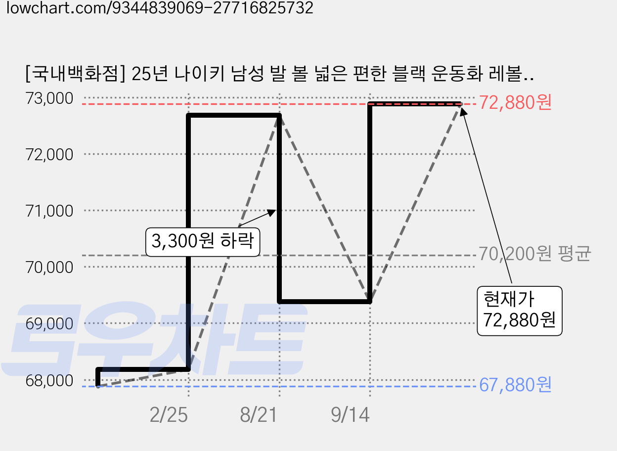 [국내백화점] 25년 나이키 남성 발 볼 넓은 편한 블랙 운동화 레볼루션 러닝화+ 신발끈 세트 가격 변동 차트, 현재가 69,280원, 관측 최저가 67,880원