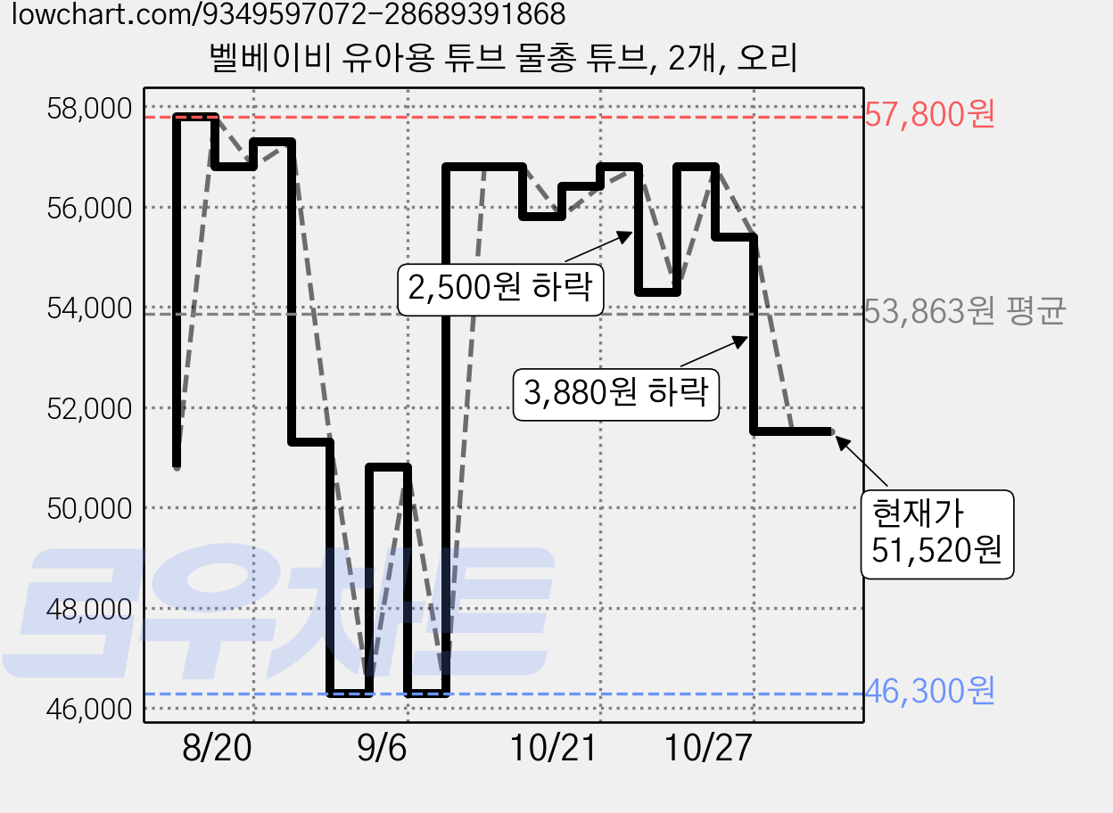 벨베이비 유아용 튜브 물총 튜브, 2개, 오리 가격 변동 차트, 현재가 51,520원, 관측 최저가 46,300원