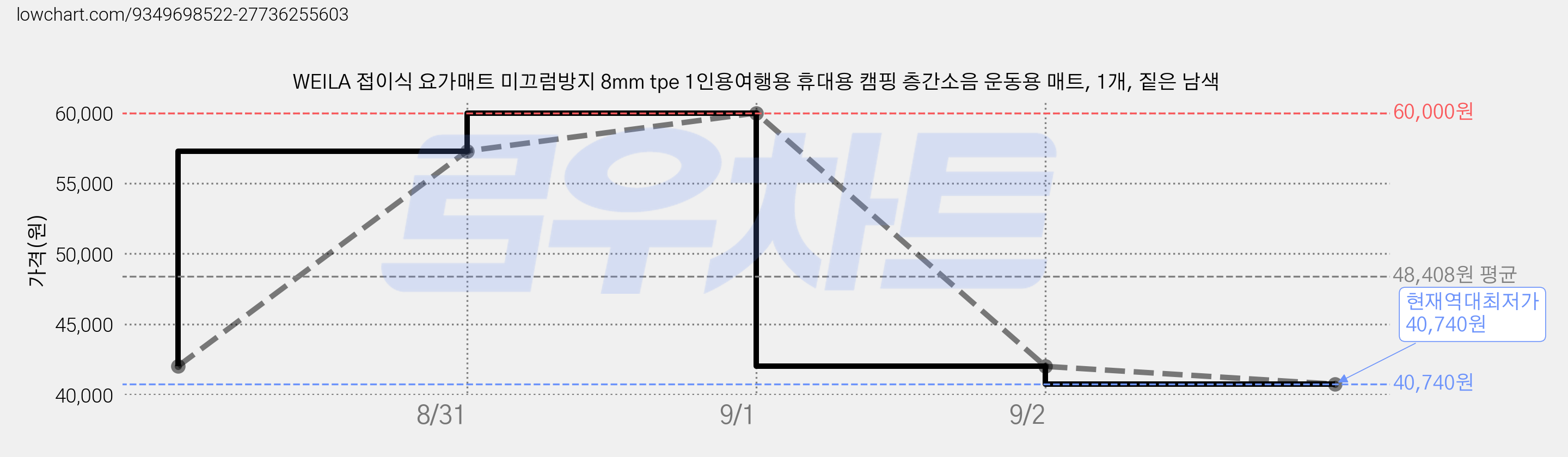 WEILA 접이식 요가매트 미끄럼방지 8mm tpe 1인용여행용 휴대용 캠핑 층간소음 운동용 매트, 1개, 짙은 남색 가격 변동 차트, 현재가 40,740원, 역대최저가