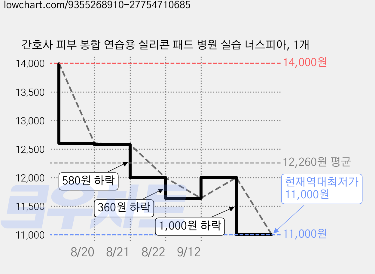 간호사 피부 봉합 연습용 실리콘 패드 병원 실습 너스피아, 1개 가격 변동 차트, 현재가 11,000원, 역대최저가