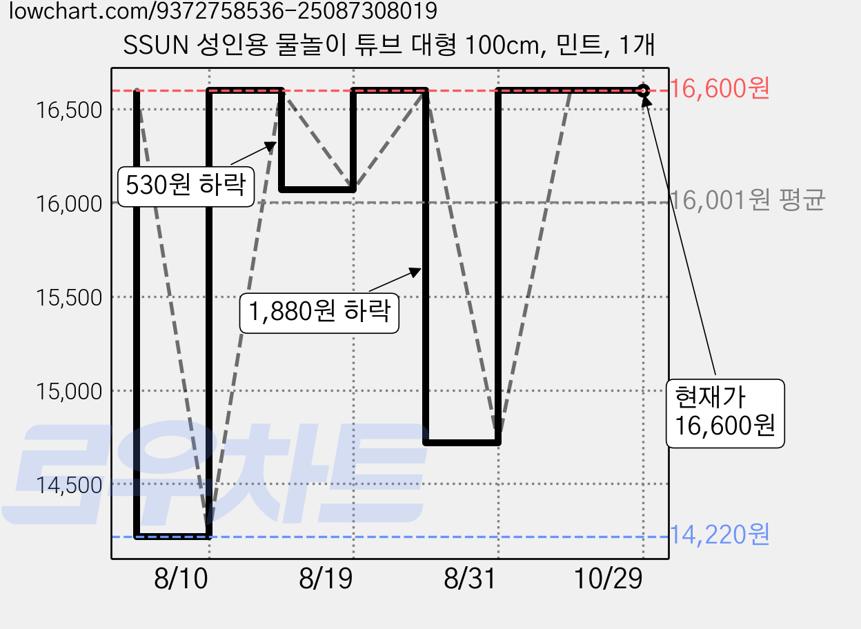 SSUN 성인용 물놀이 튜브 대형 100cm, 민트, 1개 가격 변동 차트, 현재가 16,600원, 관측 최저가 14,220원