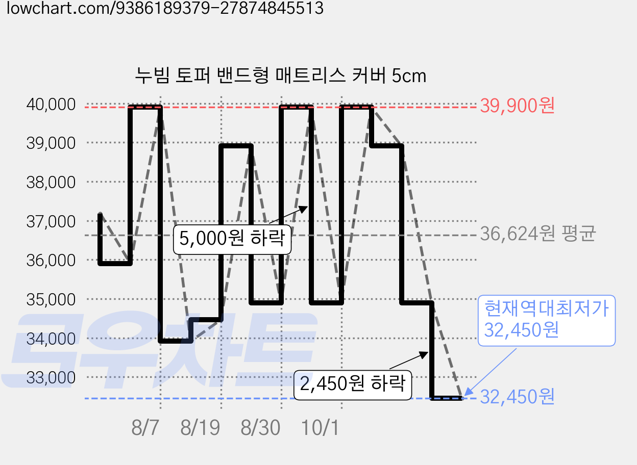 누빔 토퍼 밴드형 매트리스 커버 5cm 가격 변동 차트, 현재가 32,450원, 역대최저가