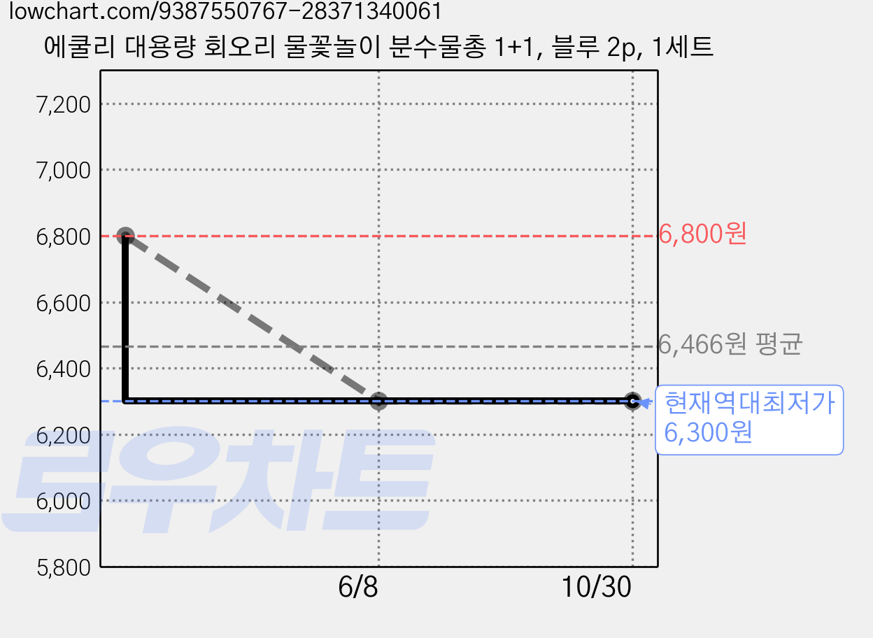 에쿨리 대용량 회오리 물꽃놀이 분수물총 1+1, 블루 2p, 1세트 가격 변동 차트, 현재가 6,300원, 역대최저가