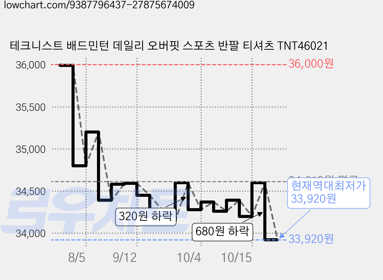 테크니스트 배드민턴 데일리 오버핏 스포츠 반팔 티셔츠 TNT46021 가격 변동 차트, 현재가 33,930원, 역대최저가