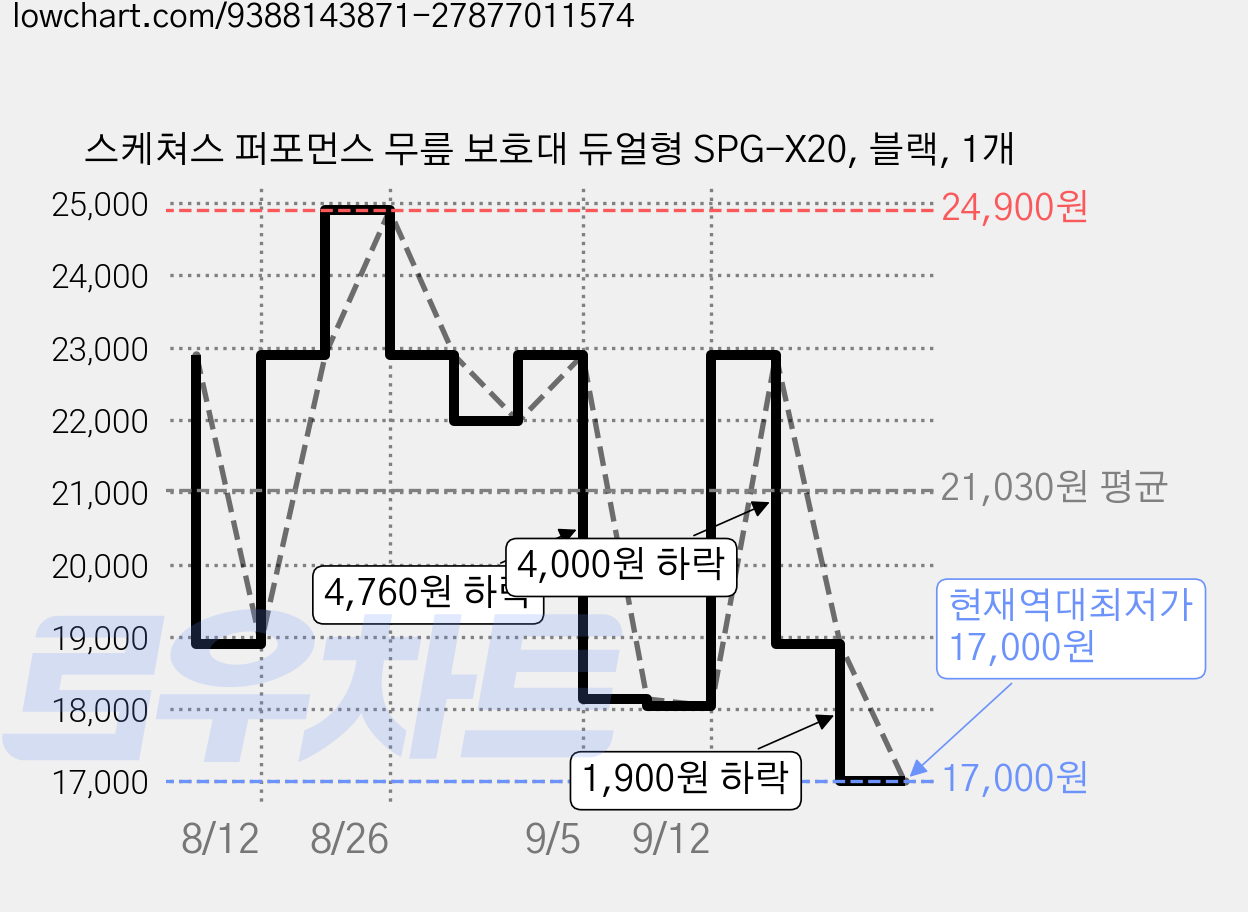 스케쳐스 퍼포먼스 무릎 보호대 듀얼형 SPG-X20, 블랙, 1개 가격 변동 차트, 현재가 17,000원, 역대최저가