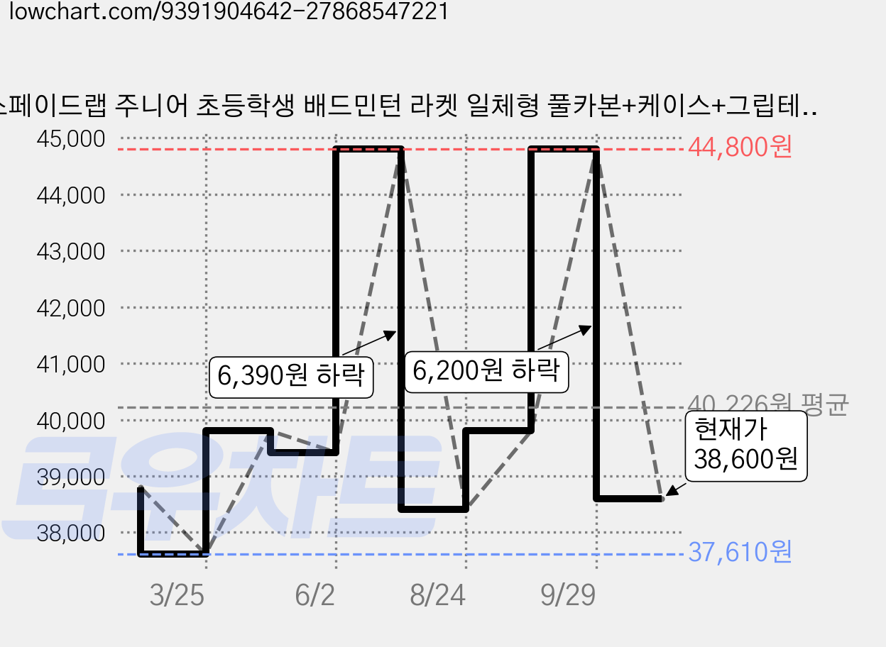 스페이드랩 주니어 초등학생 배드민턴 라켓 일체형 풀카본+케이스+그립테이프, 1개, 카본 엣지 가격 변동 차트, 현재가 38,600원, 관측 최저가 37,610원