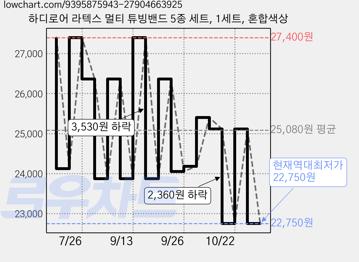하디로어 라텍스 멀티 튜빙밴드 5종 세트, 1세트, 혼합색상 가격 변동 차트, 현재가 22,750원, 역대최저가