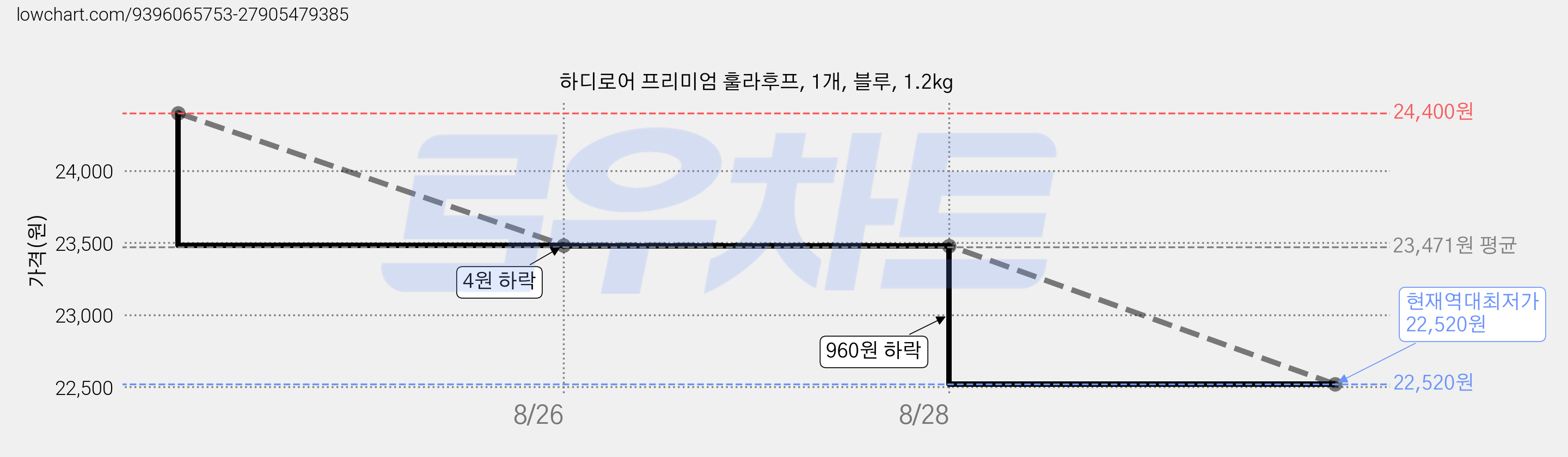 하디로어 프리미엄 훌라후프, 1개, 블루, 1.2kg 가격 변동 차트, 현재가 22,520원, 역대최저가