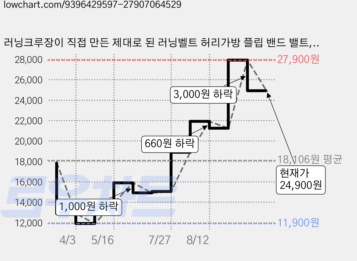 러닝크루장이 직접 만든 제대로 된 러닝벨트 허리가방 플립 밴드 밸트, 1개, 블랙(Black) 가격 변동 차트, 현재가 24,900원, 관측 최저가 11,900원
