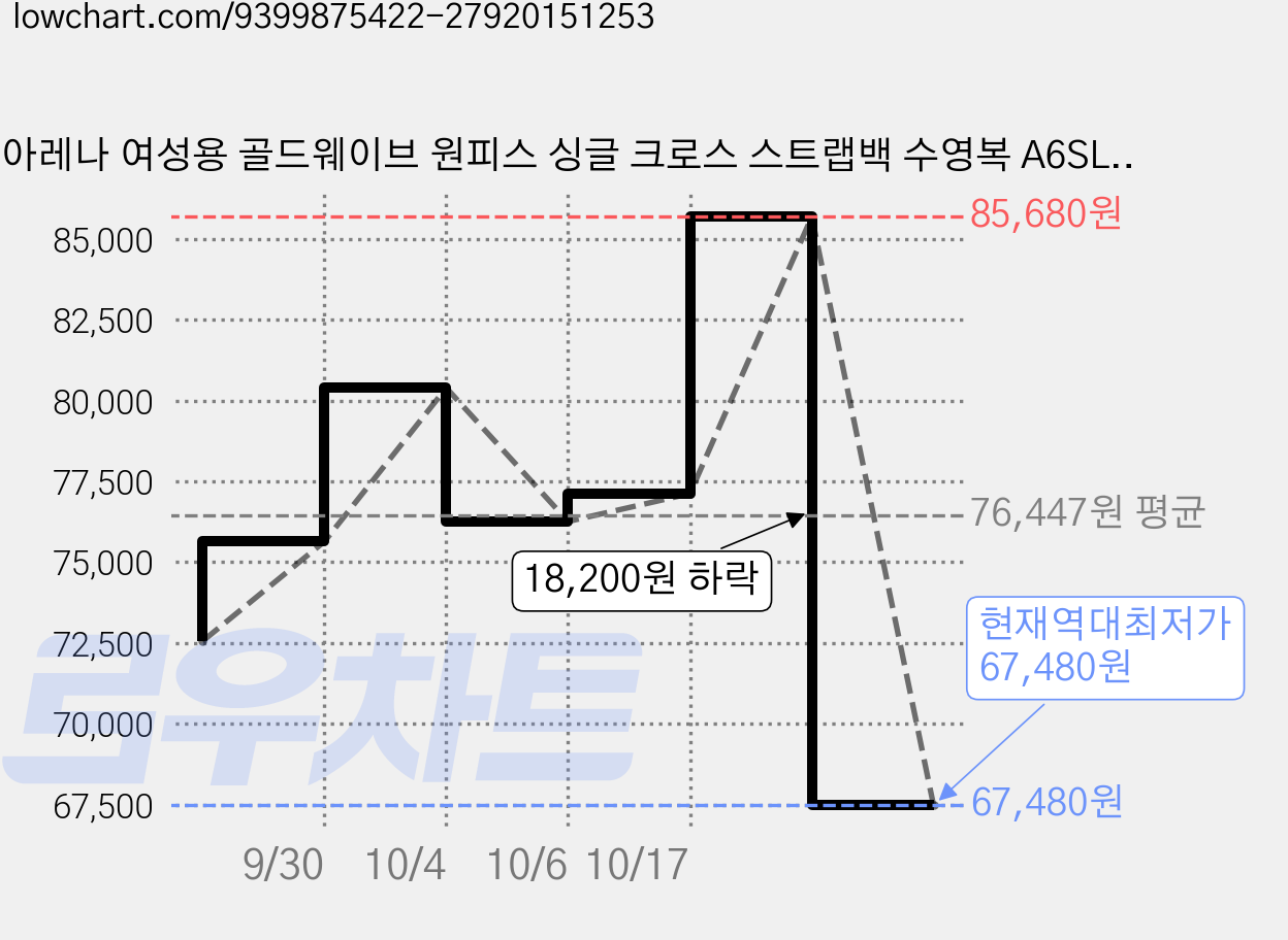 아레나 여성용 골드웨이브 원피스 싱글 크로스 스트랩백 수영복 A6SL1LO11BLK 가격 변동 차트, 현재가 67,480원, 역대최저가