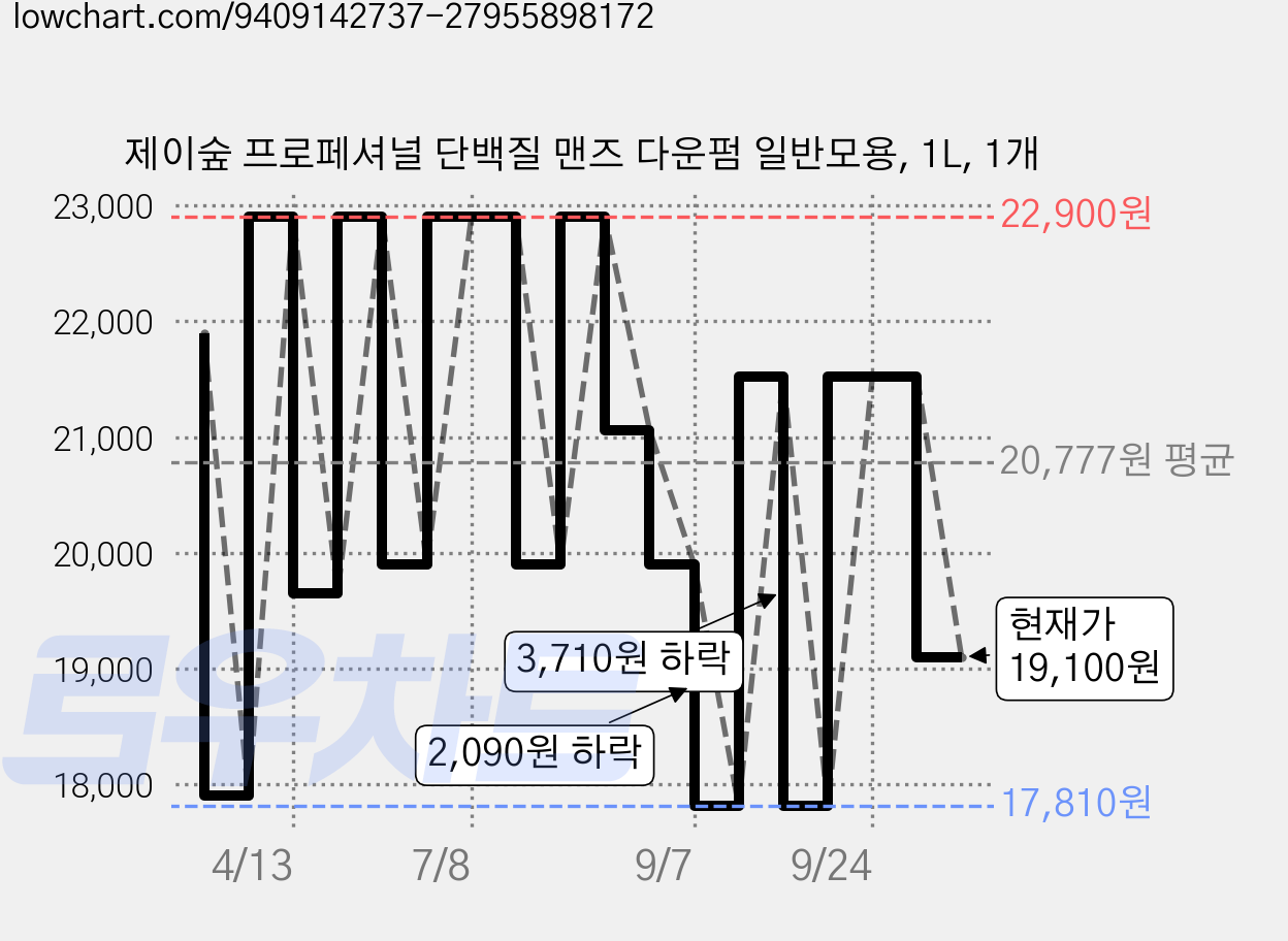 제이숲 프로페셔널 단백질 맨즈 다운펌 일반모용, 1L, 1개 가격 변동 차트, 현재가 19,100원, 관측 최저가 17,810원