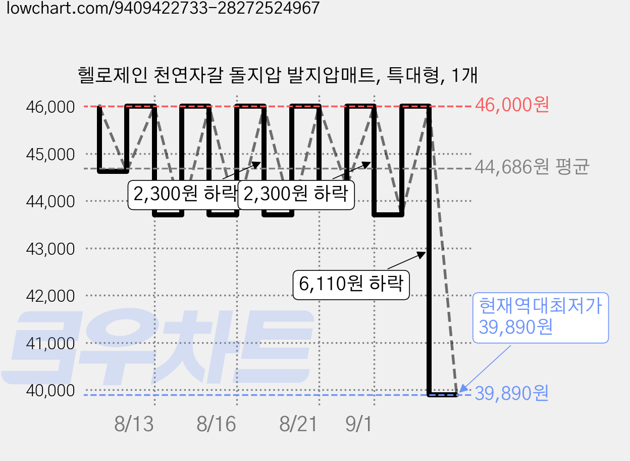 헬로제인 천연자갈 돌지압 발지압매트, 특대형, 1개 가격 변동 차트, 현재가 39,890원, 역대최저가