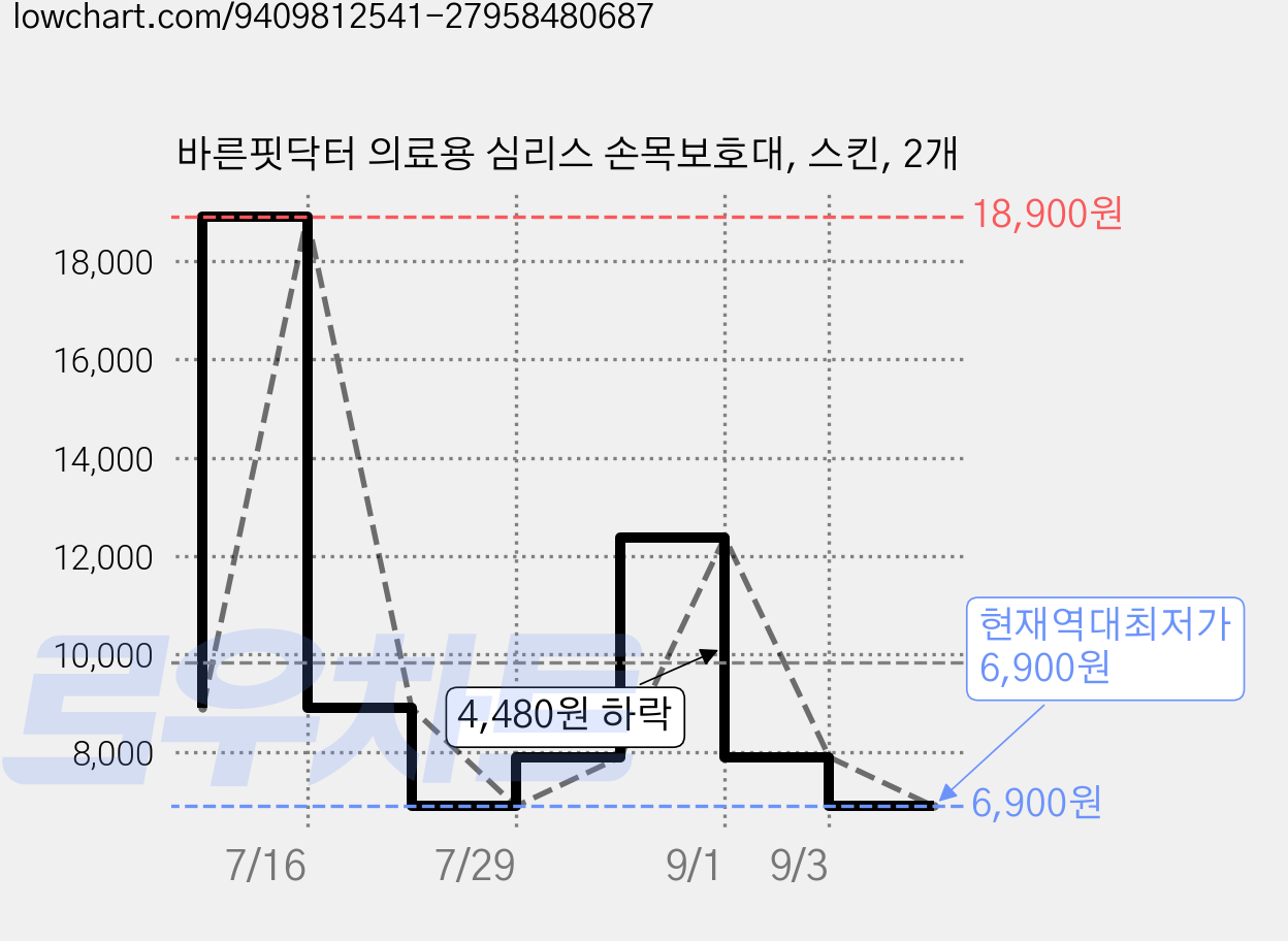 바른핏닥터 의료용 심리스 손목보호대, 스킨, 2개 가격 변동 차트, 현재가 6,900원, 역대최저가