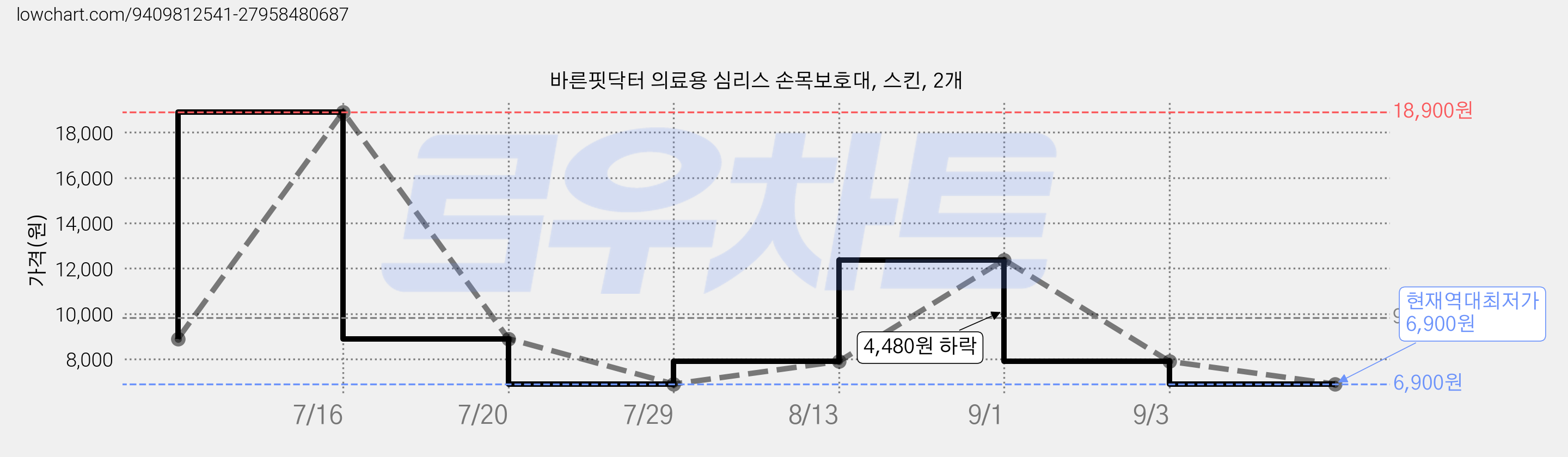 바른핏닥터 의료용 심리스 손목보호대, 스킨, 2개 가격 변동 차트, 현재가 6,900원, 역대최저가