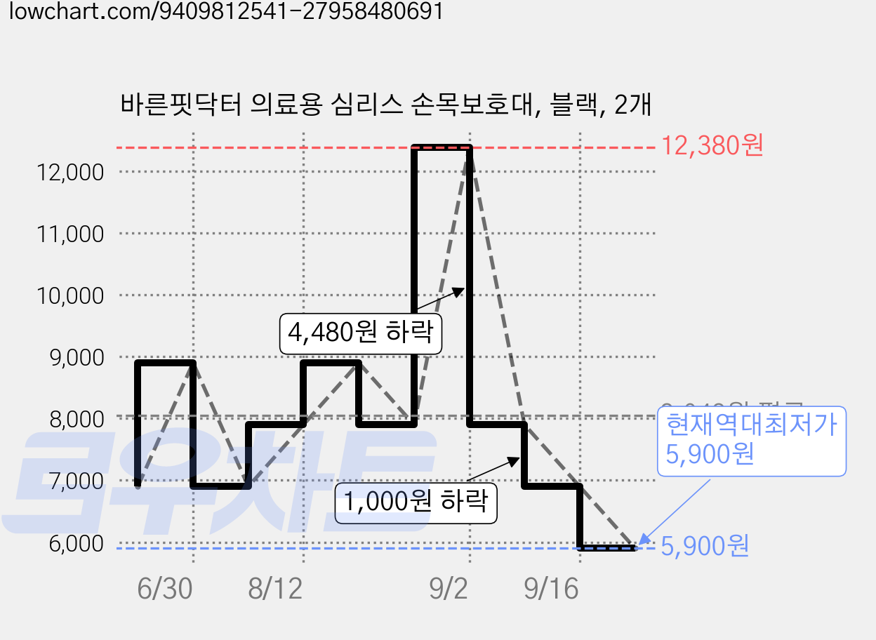 바른핏닥터 의료용 심리스 손목보호대, 블랙, 2개 가격 변동 차트, 현재가 5,900원, 역대최저가