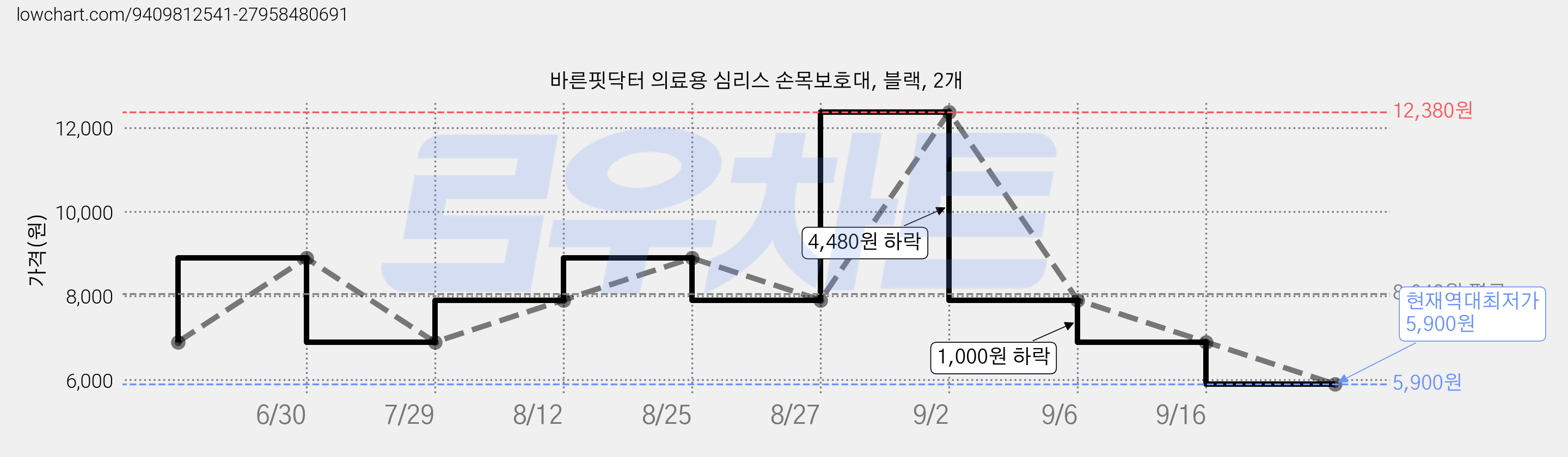 바른핏닥터 의료용 심리스 손목보호대, 블랙, 2개 가격 변동 차트, 현재가 5,900원, 역대최저가