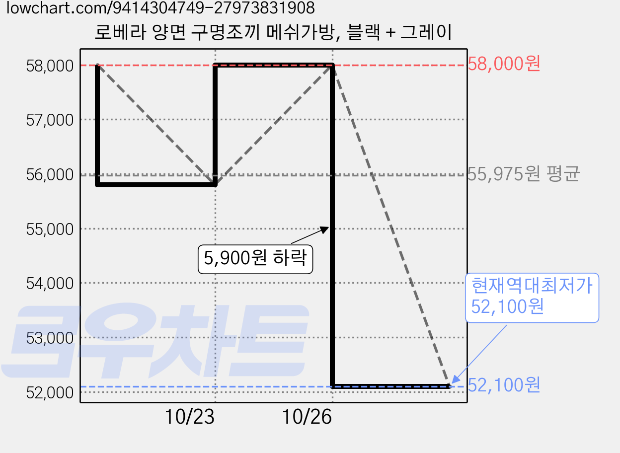 로베라 양면 구명조끼 메쉬가방, 블랙 + 그레이 가격 변동 차트, 현재가 52,100원, 역대최저가