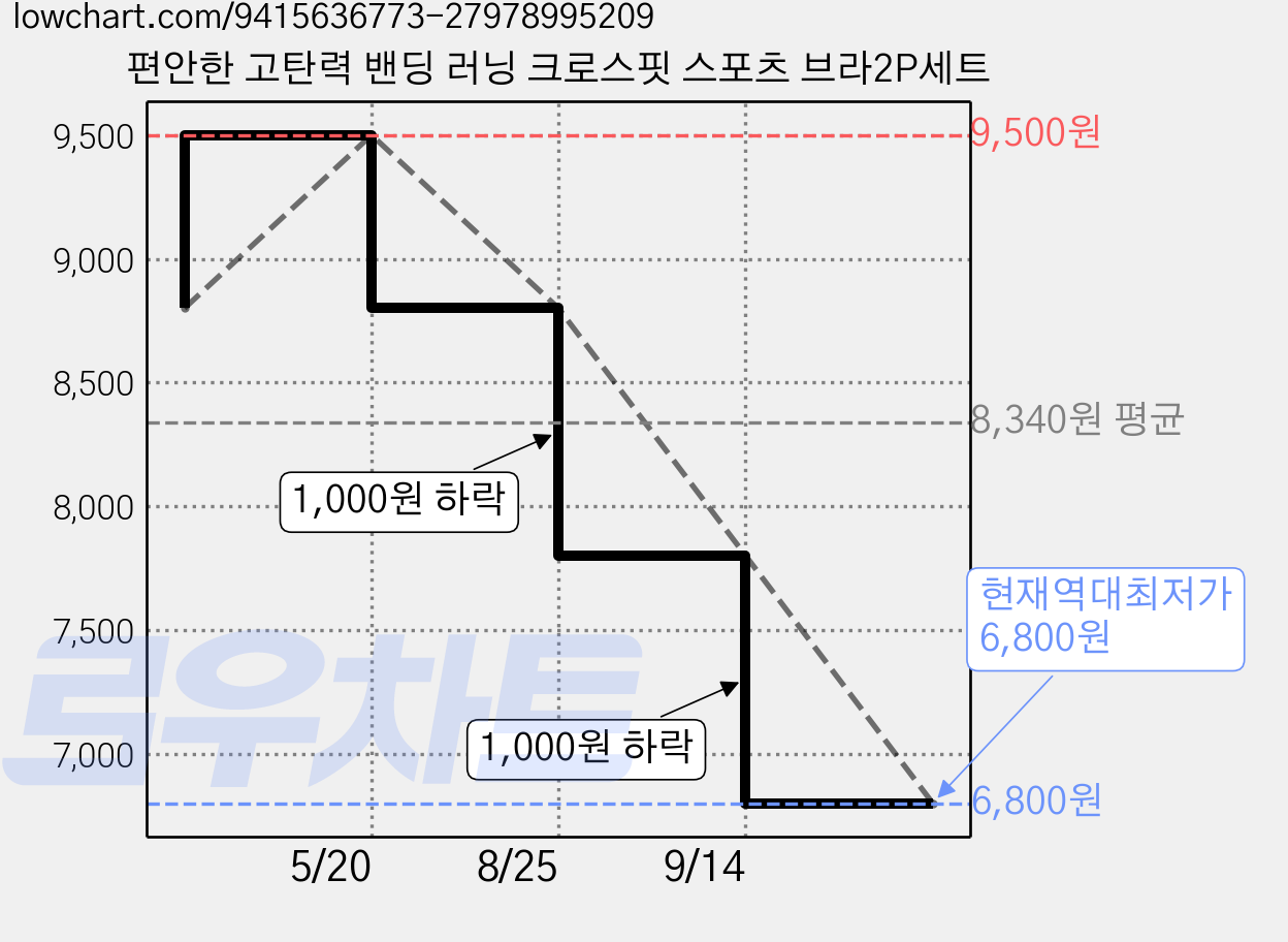 편안한 고탄력 밴딩 러닝 크로스핏 스포츠 브라2P세트 가격 변동 차트, 현재가 6,800원, 역대최저가
