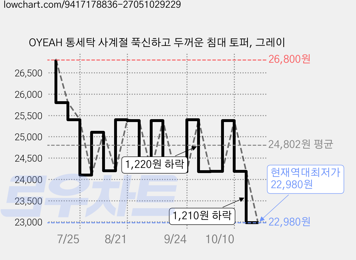 OYEAH 통세탁 사계절 푹신하고 두꺼운 침대 토퍼, 그레이 가격 변동 차트, 현재가 22,980원, 역대최저가