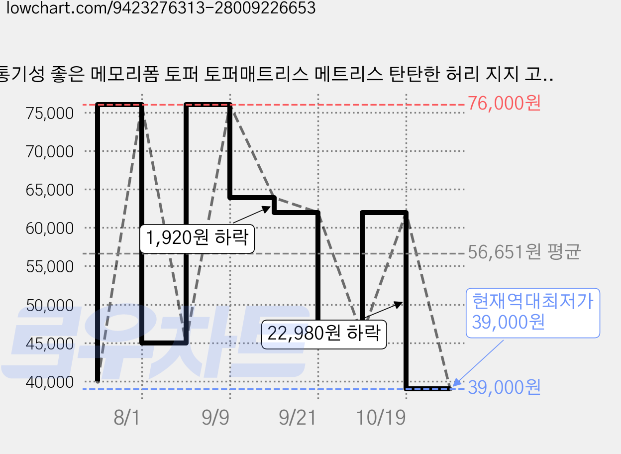통기성 좋은 메모리폼 토퍼 토퍼매트리스 메트리스 탄탄한 허리 지지 고밀도30D 휴대용 탈부착커버 항균기능 가격 변동 차트, 현재가 39,000원, 역대최저가