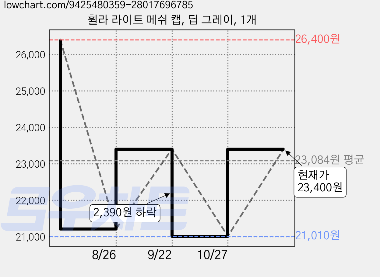 휠라 라이트 메쉬 캡, 딥 그레이, 1개 가격 변동 차트, 현재가 23,400원, 관측 최저가 21,010원