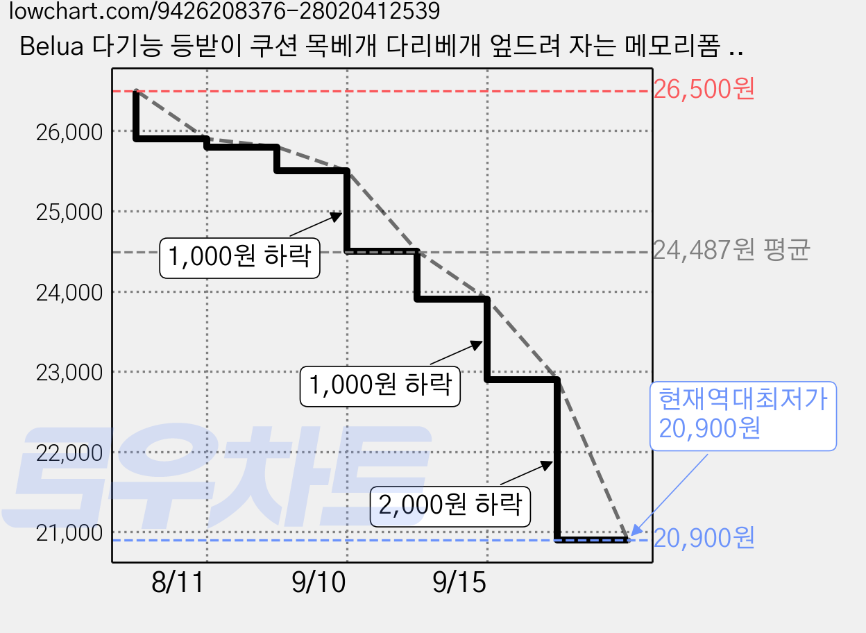 Belua 다기능 등받이 쿠션 목베개 다리베개 엎드려 자는 메모리폼 허리쿠션 침대용 편안한 시원함 제공, 회색 가격 변동 차트, 현재가 20,900원, 역대최저가