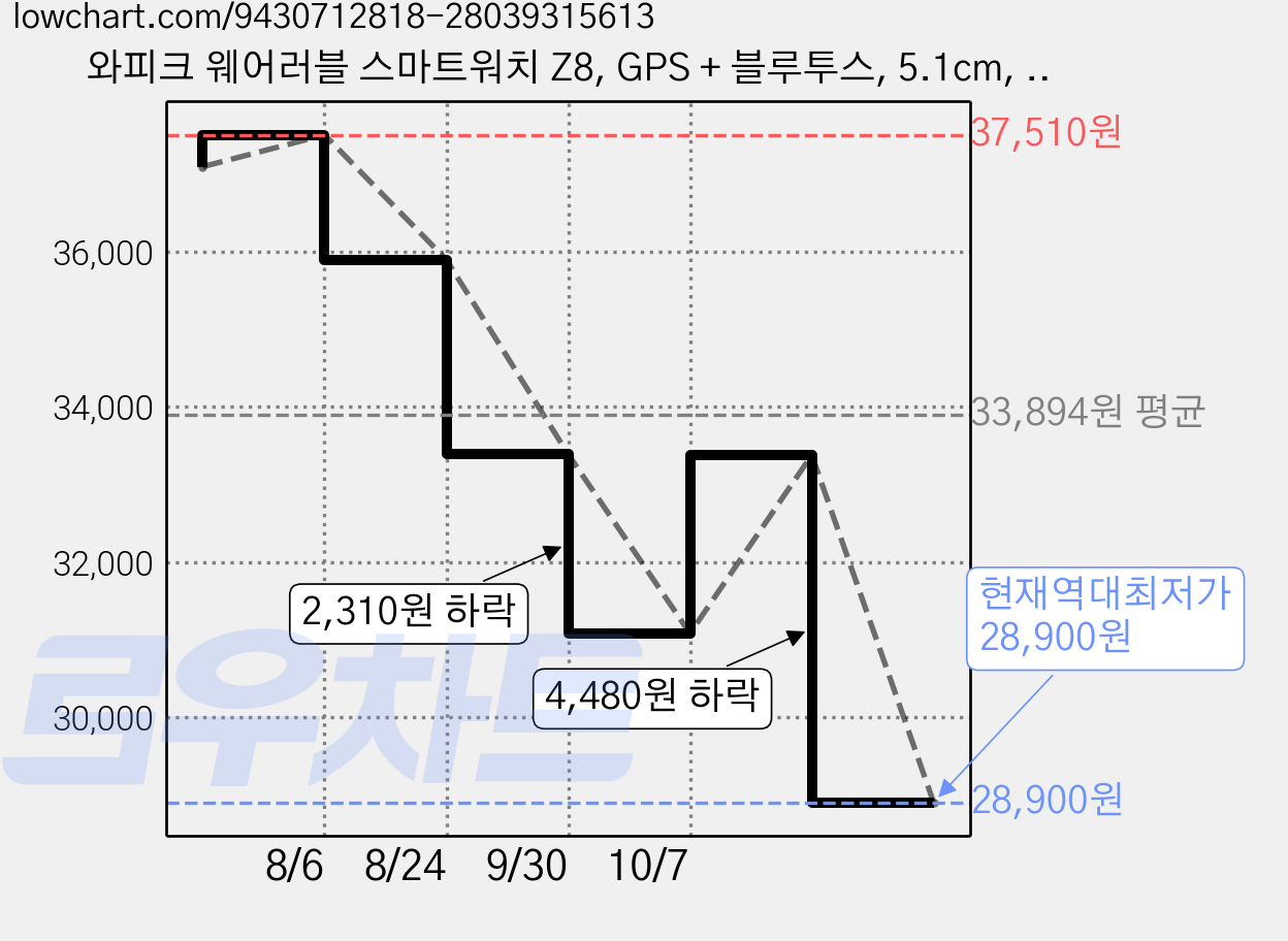 와피크 웨어러블 스마트워치 Z8, GPS + 블루투스, 5.1cm, 실버 가격 변동 차트, 현재가 28,900원, 역대최저가