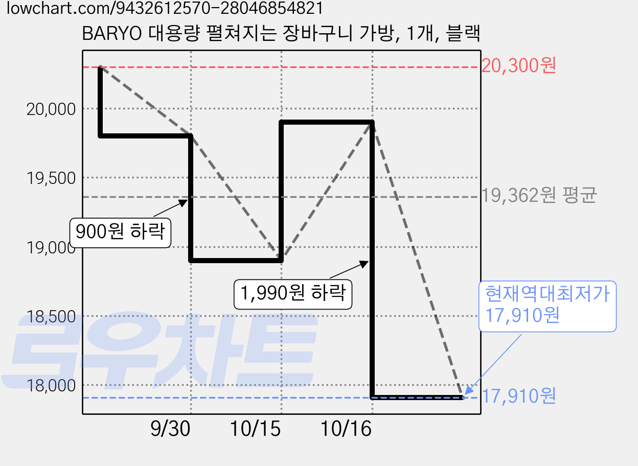 BARYO 대용량 펼쳐지는 장바구니 가방, 1개, 블랙 가격 변동 차트, 현재가 17,910원, 역대최저가
