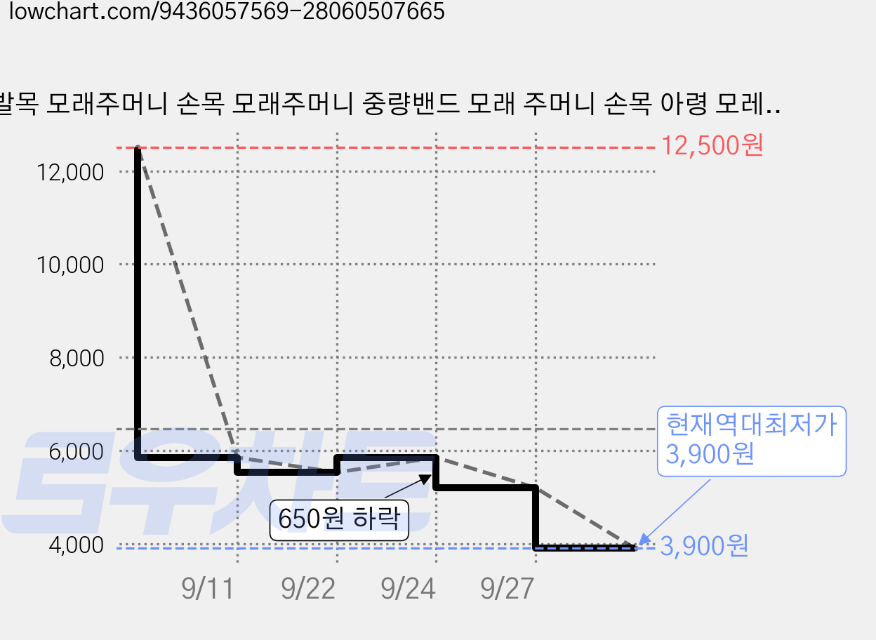 발목 모래주머니 손목 모래주머니 중량밴드 모래 주머니 손목 아령 모레주머니, 1kg, 블랙 가격 변동 차트, 현재가 3,900원, 역대최저가