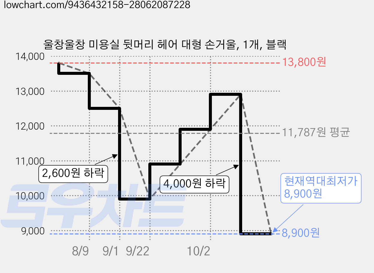 울창울창 미용실 뒷머리 헤어 대형 손거울, 1개, 블랙 가격 변동 차트, 현재가 8,900원, 역대최저가