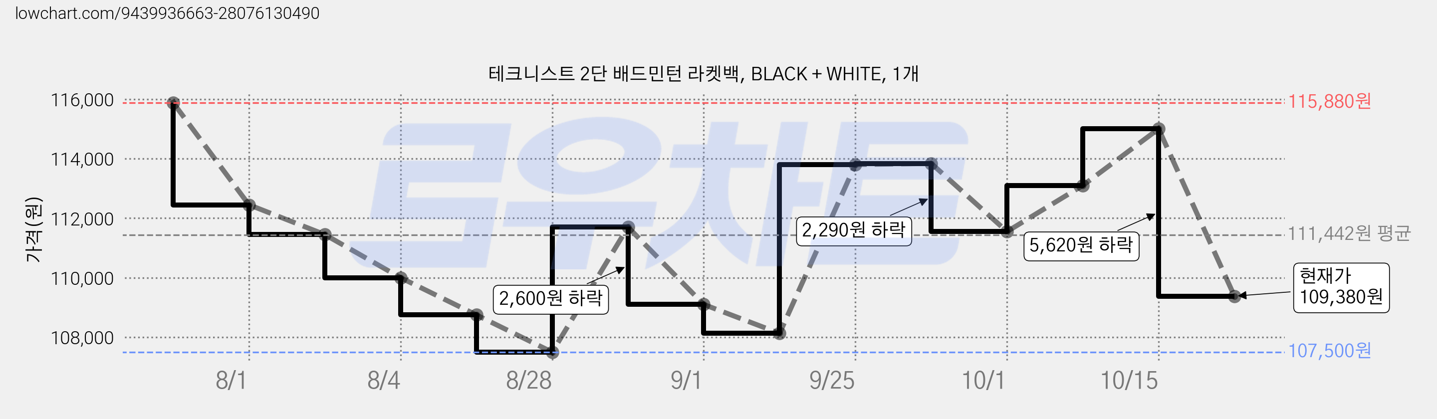 테크니스트 2단 배드민턴 라켓백, BLACK + WHITE, 1개 가격 변동 차트, 현재가 109,380원, 관측 최저가 107,500원