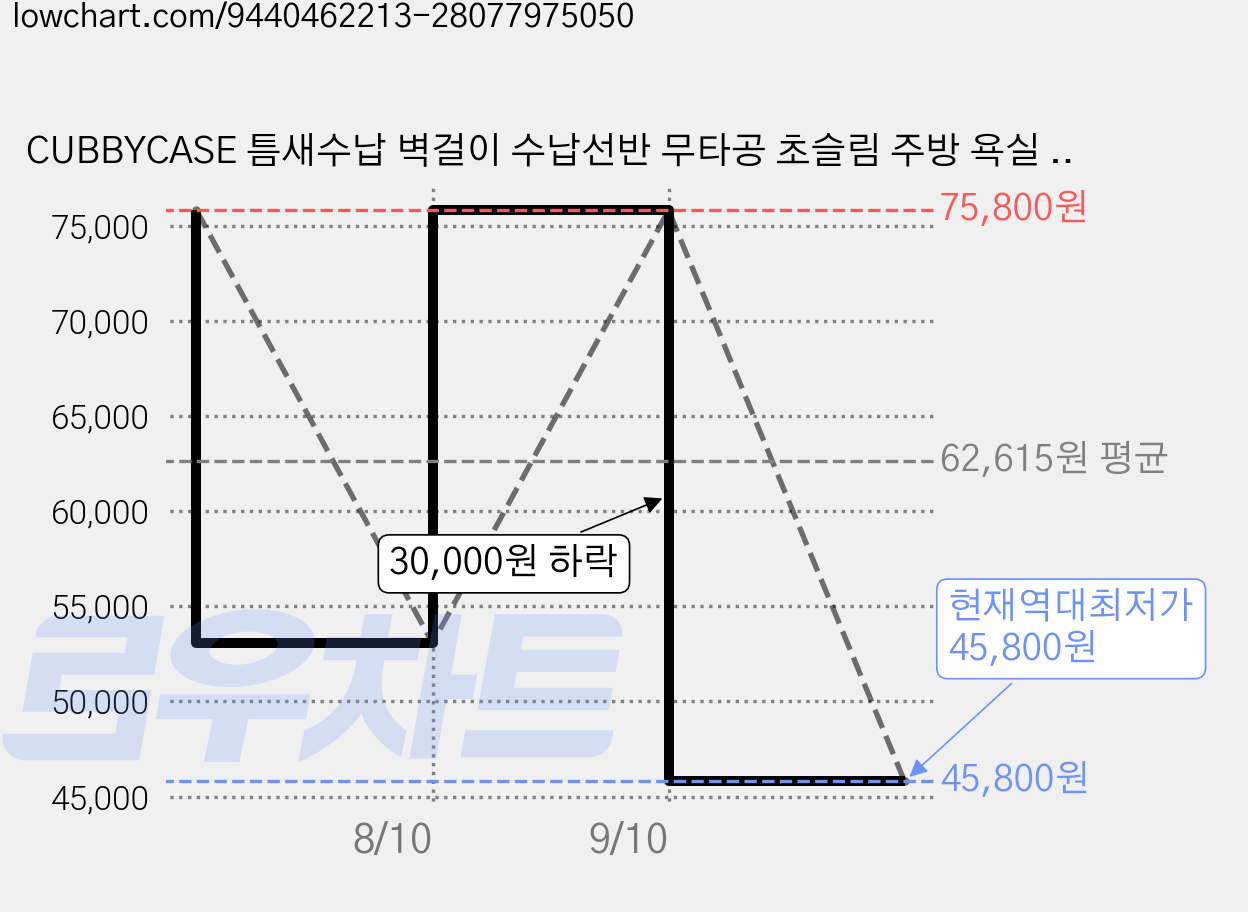 CUBBYCASE 틈새수납 벽걸이 수납선반 무타공 초슬림 주방 욕실 문뒤 정리 선반, 1개, White 5층 가격 변동 차트, 현재가 45,800원, 역대최저가