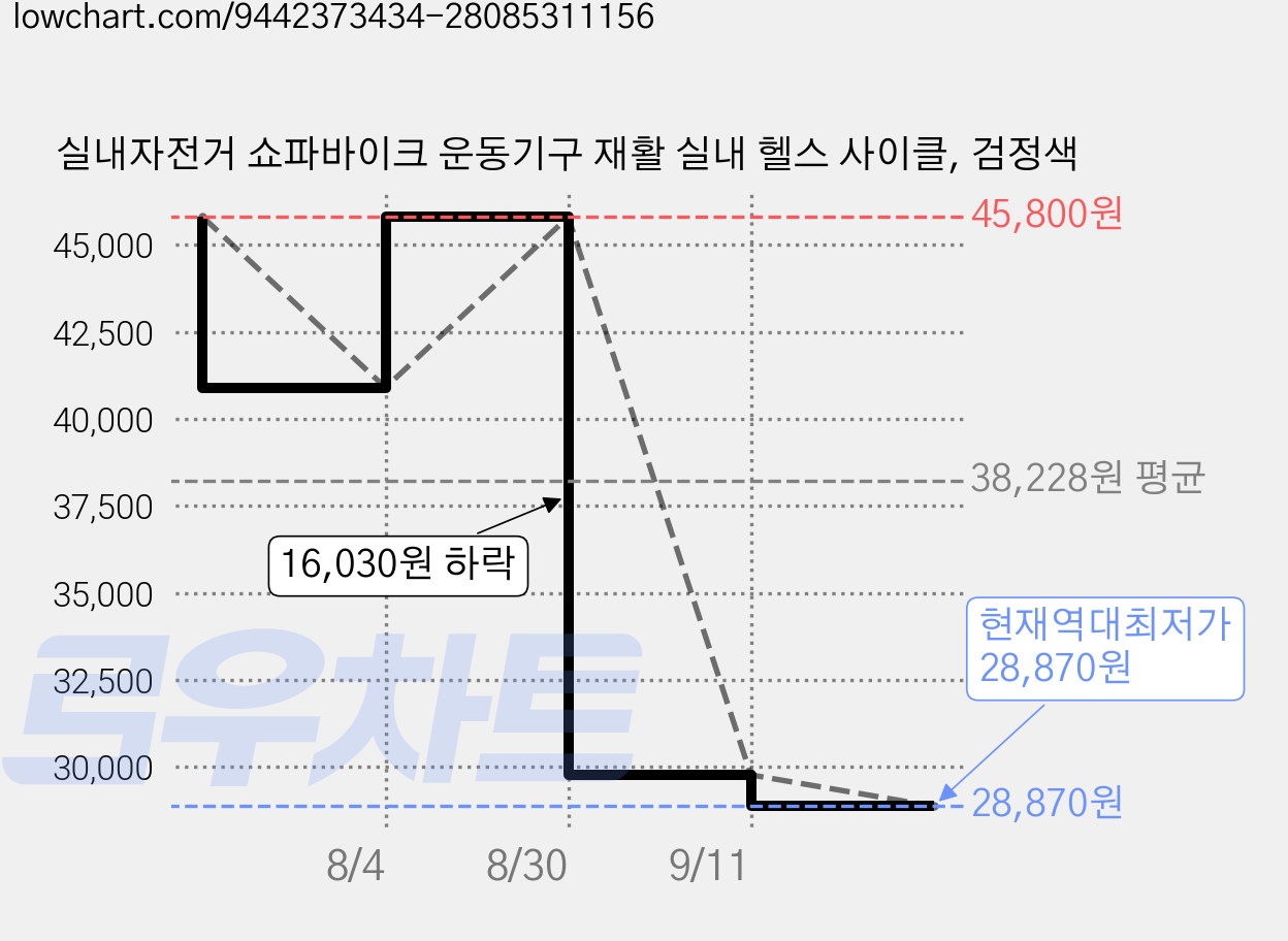실내자전거 쇼파바이크 운동기구 재활 실내 헬스 사이클, 검정색 가격 변동 차트, 현재가 28,870원, 역대최저가