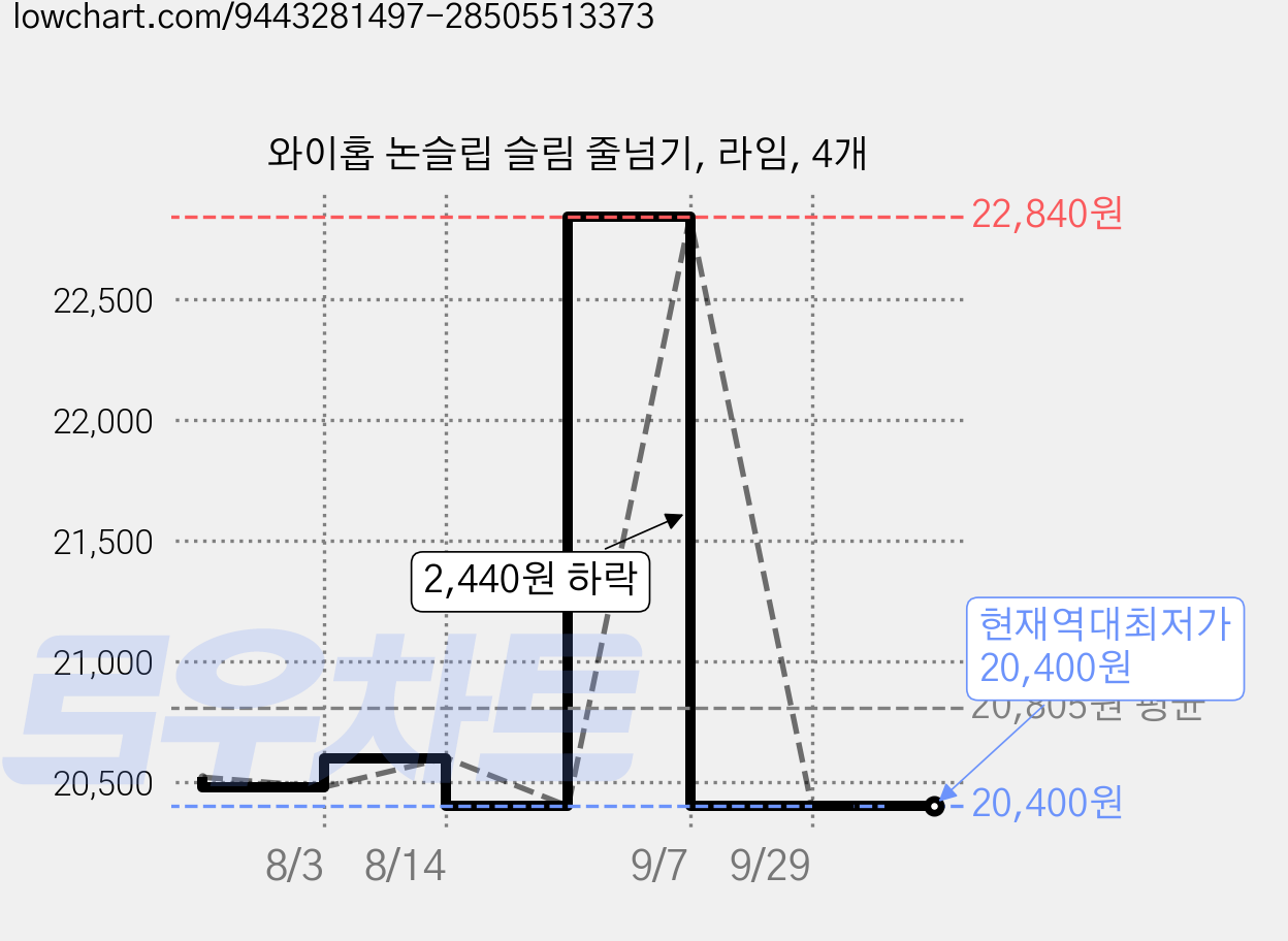 와이홉 논슬립 슬림 줄넘기, 라임, 4개 가격 변동 차트, 현재가 20,400원, 역대최저가