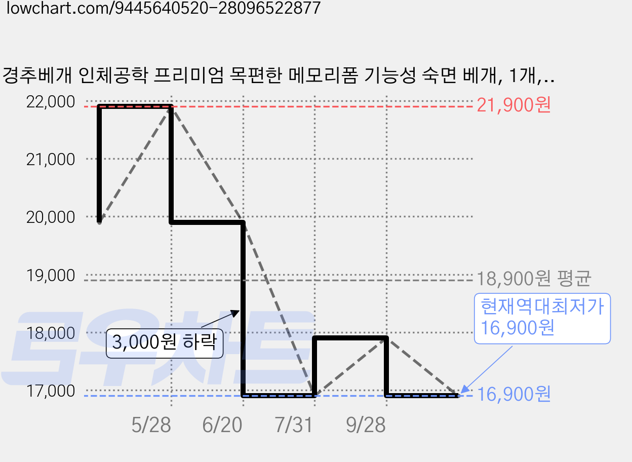 경추베개 인체공학 프리미엄 목편한 메모리폼 기능성 숙면 베개, 1개, 그레이 가격 변동 차트, 현재가 16,900원, 역대최저가