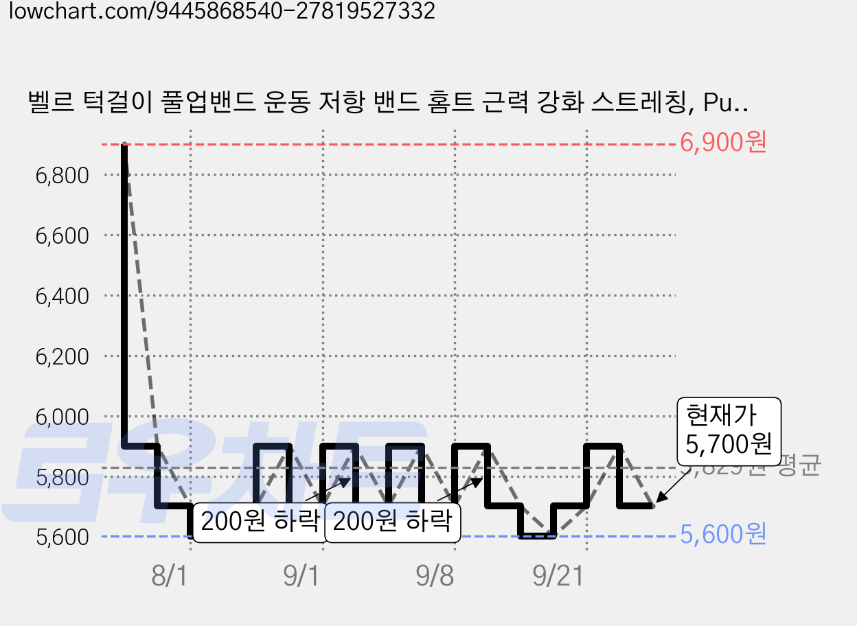 벨르 턱걸이 풀업밴드 운동 저항 밴드 홈트 근력 강화 스트레칭, Purple(4단계), 1개 가격 변동 차트, 현재가 5,700원, 관측 최저가 5,600원