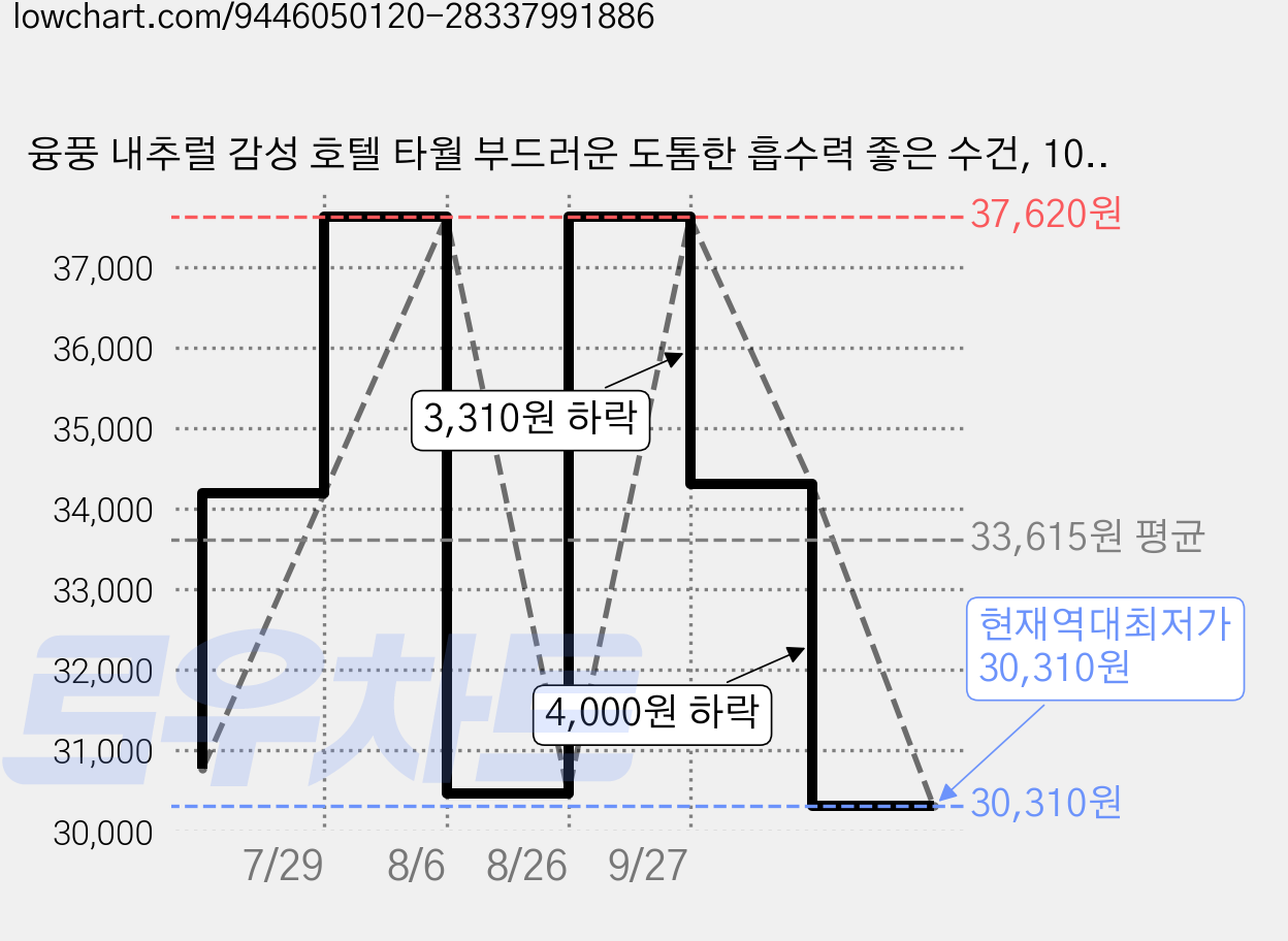 융풍 내추럴 감성 호텔 타월 부드러운 도톰한 흡수력 좋은 수건, 10개, 그레이 라인 타월 가격 변동 차트, 현재가 30,310원, 역대최저가