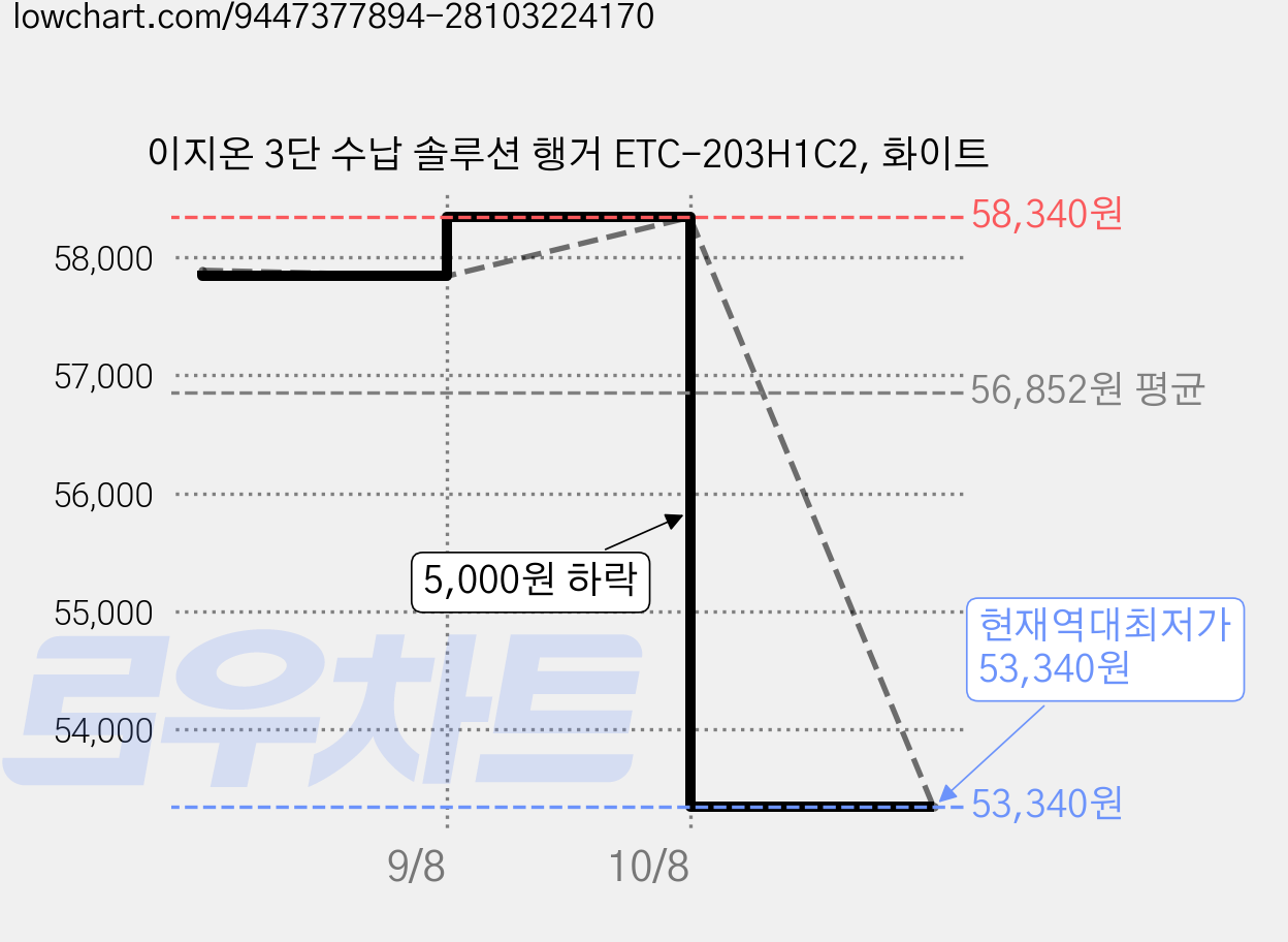 이지온 3단 수납 솔루션 행거 ETC-203H1C2, 화이트 가격 변동 차트, 현재가 53,340원, 역대최저가