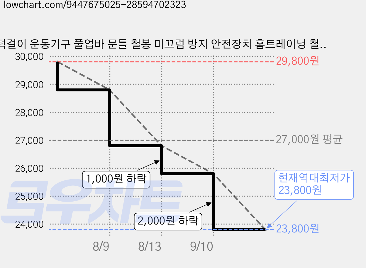 턱걸이 운동기구 풀업바 문틀 철봉 미끄럼 방지 안전장치 홈트레이닝 철봉 풀업바 턱걸이, 블랙 가격 변동 차트, 현재가 23,800원, 역대최저가