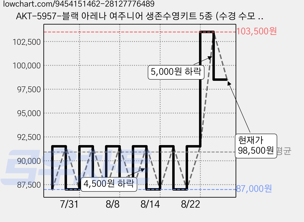 AKT-5957-블랙 아레나 여주니어 생존수영키트 5종 (수경 수모 수영복 메쉬가방 타올 폴리백 세트) 가격 변동 차트, 현재가 98,500원, 관측 최저가 87,000원