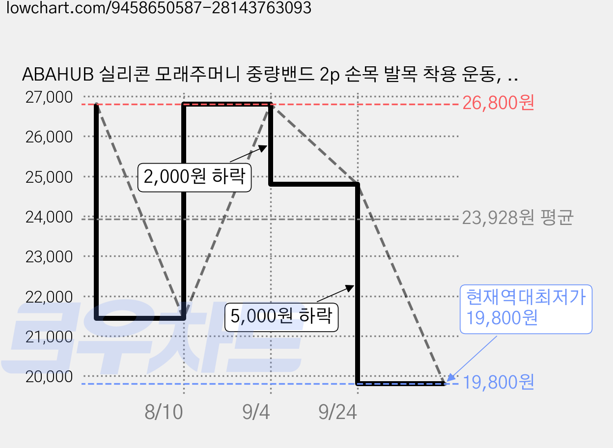 ABAHUB 실리콘 모래주머니 중량밴드 2p 손목 발목 착용 운동, 블랙, 1kg 가격 변동 차트, 현재가 19,800원, 역대최저가