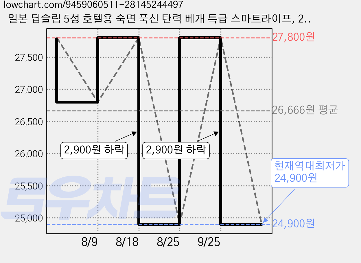 일본 딥슬립 5성 호텔용 숙면 푹신 탄력 베개 특급 스마트라이프, 2개, 화이트 가격 변동 차트, 현재가 24,900원, 역대최저가
