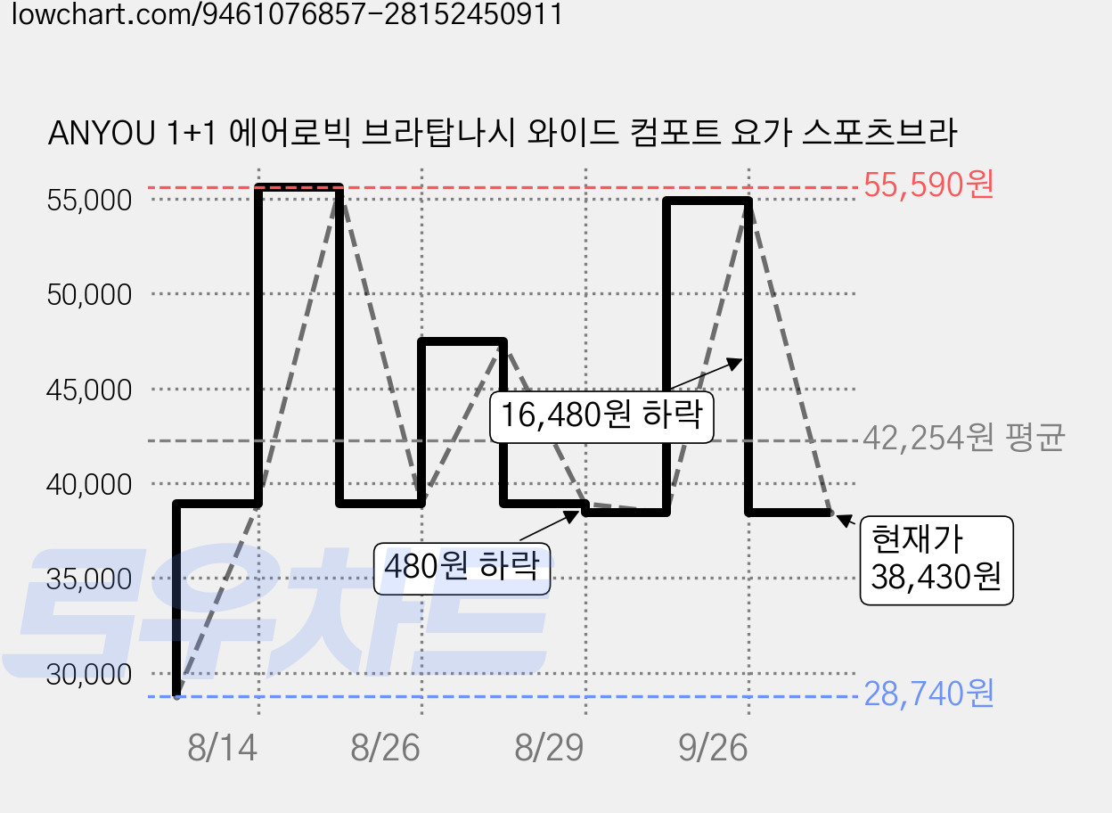ANYOU 1+1 에어로빅 브라탑나시 와이드 컴포트 요가 스포츠브라 가격 변동 차트, 현재가 38,430원, 관측 최저가 28,740원