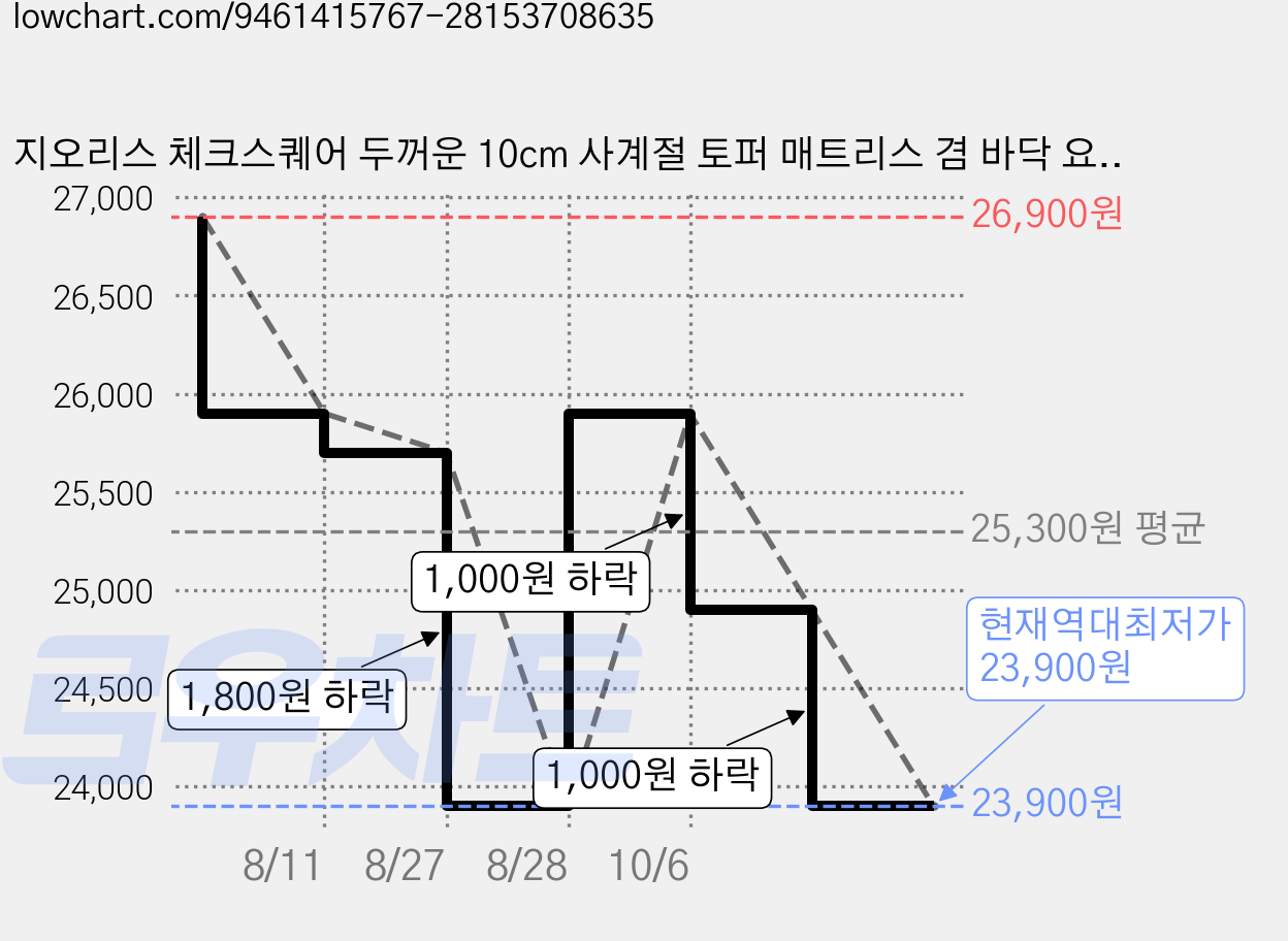 지오리스 체크스퀘어 두꺼운 10cm 사계절 토퍼 매트리스 겸 바닥 요매트, 100mm, 다크 그레이 가격 변동 차트, 현재가 23,900원, 역대최저가