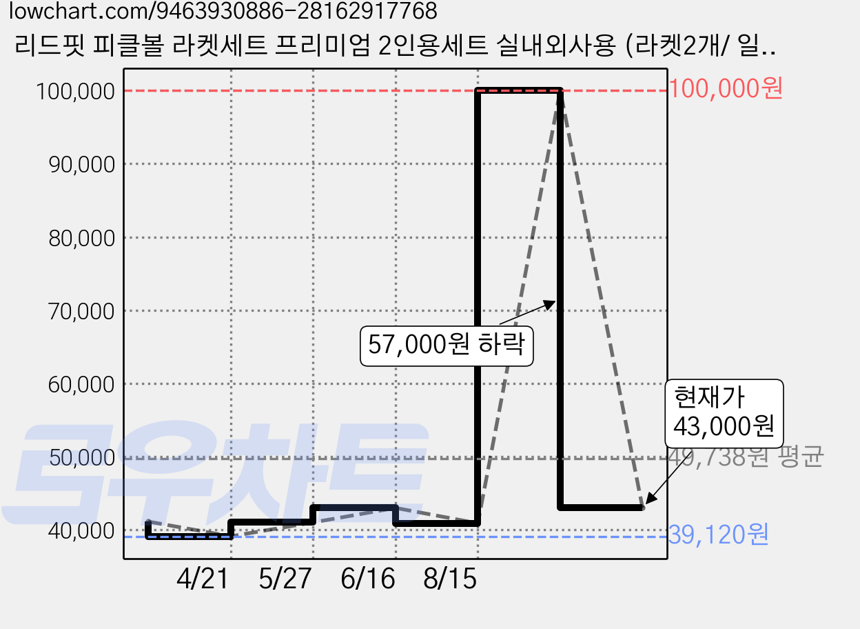 리드핏 피클볼 라켓세트 프리미엄 2인용세트 실내외사용 (라켓2개/ 일반공 3개 야광공1개/가방1개), 퍼플, 1세트 가격 변동 차트, 현재가 43,000원, 관측 최저가 39,120원