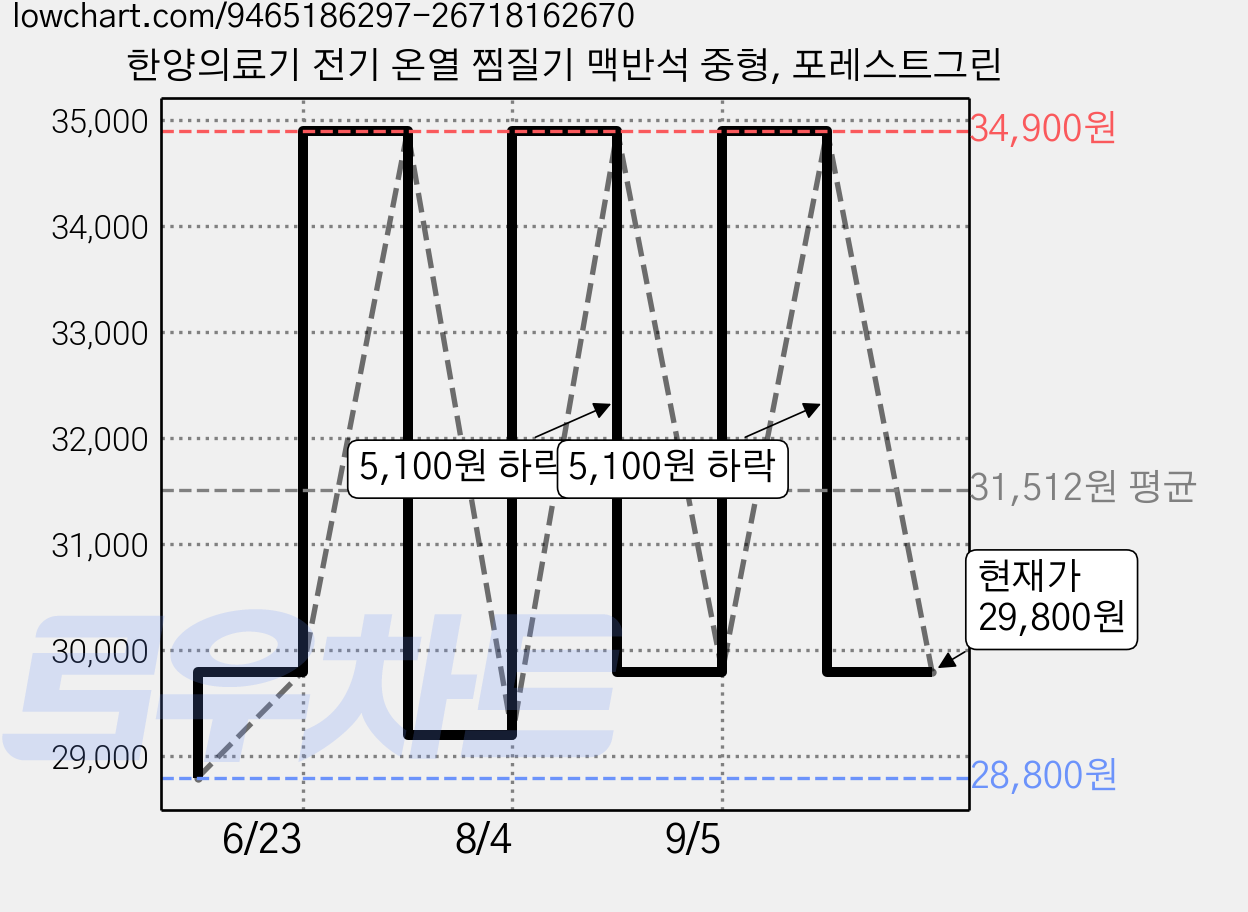 한양의료기 전기 온열 찜질기 맥반석 중형, 포레스트그린 가격 변동 차트, 현재가 29,800원, 관측 최저가 28,800원