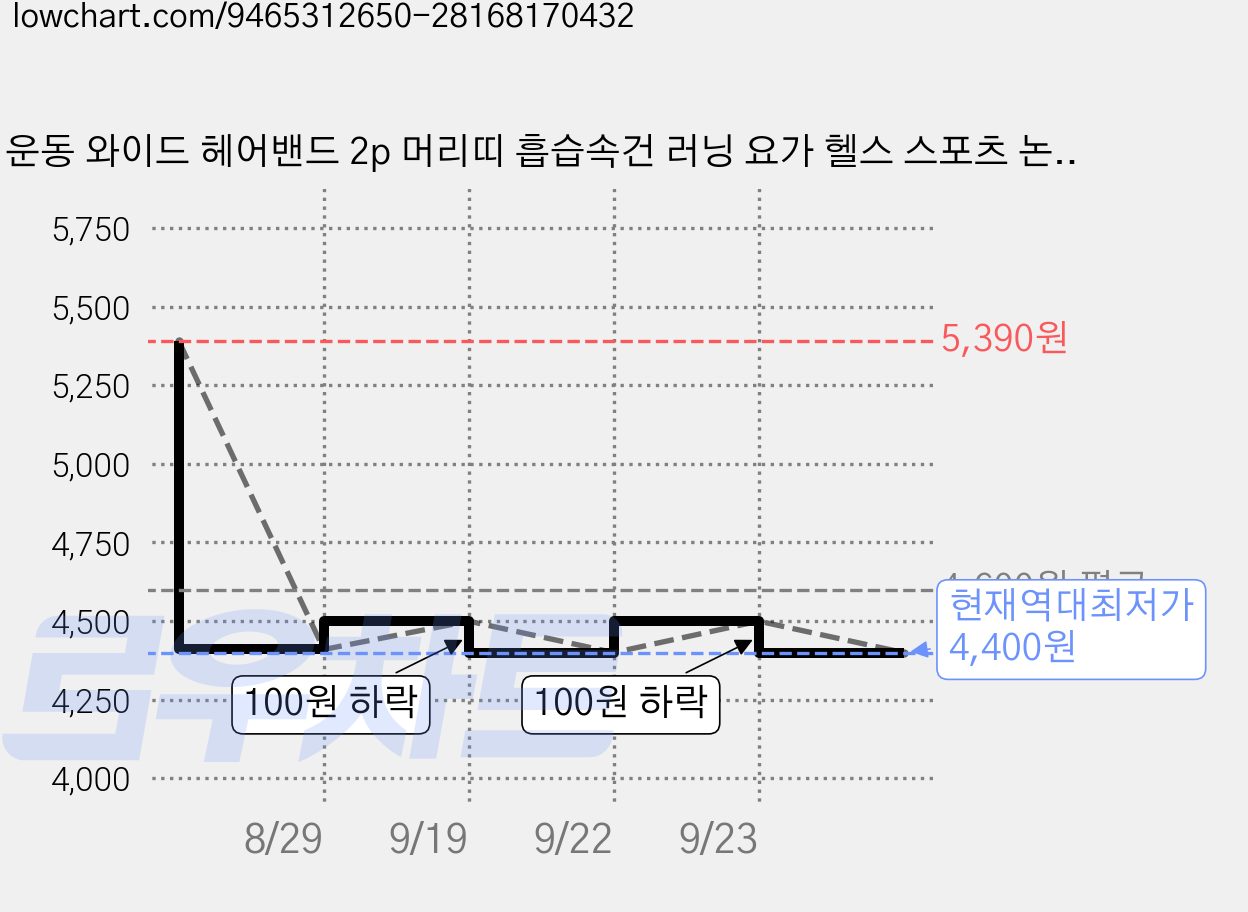 운동 와이드 헤어밴드 2p 머리띠 흡습속건 러닝 요가 헬스 스포츠 논슬립 그립밴드, 2개, 블랙+블랙 가격 변동 차트, 현재가 4,400원, 역대최저가