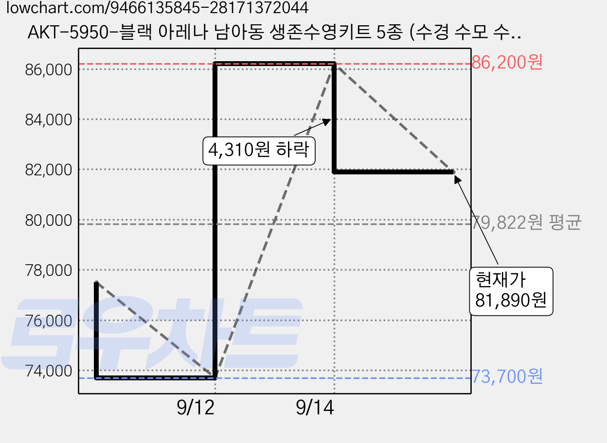 AKT-5950-블랙 아레나 남아동 생존수영키트 5종 (수경 수모 수영복 메쉬가방 타올 폴리백 세트) 가격 변동 차트, 현재가 81,890원, 관측 최저가 73,700원